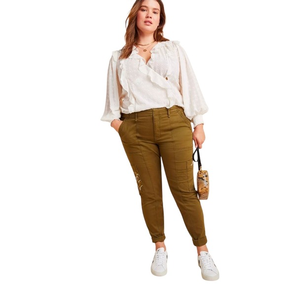 By Anthropologie Size 16W Olive Green Austin Utility Embroidered Pants Granola - Picture 13 of 13